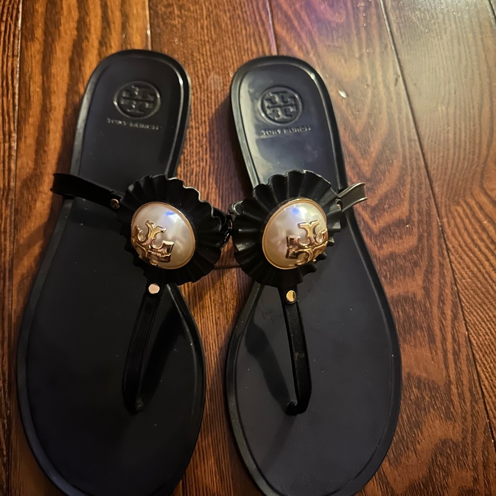 Tory Burch Black Sandals with Gold and Pearl Detail jelly